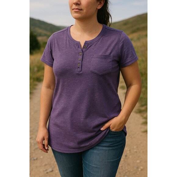 Carhartt W Henley T-Shirt Medium M Purple Ribbed Knit Short Sleeve Pocket Tee - Picture 1 of 7
